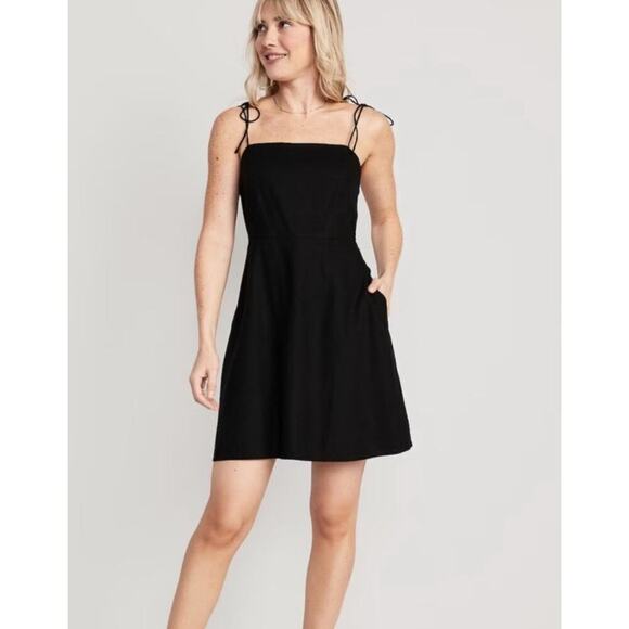 Old Navy Fit & Flare Tie Strap Linen-Blend Mini Dress Women’s Medium Black Chic - Picture 1 of 12